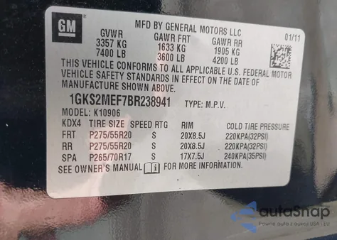 2011 GMC Yukon Xl Denali из США, поврежденный, VIN 1GKS2MEF7BR238941